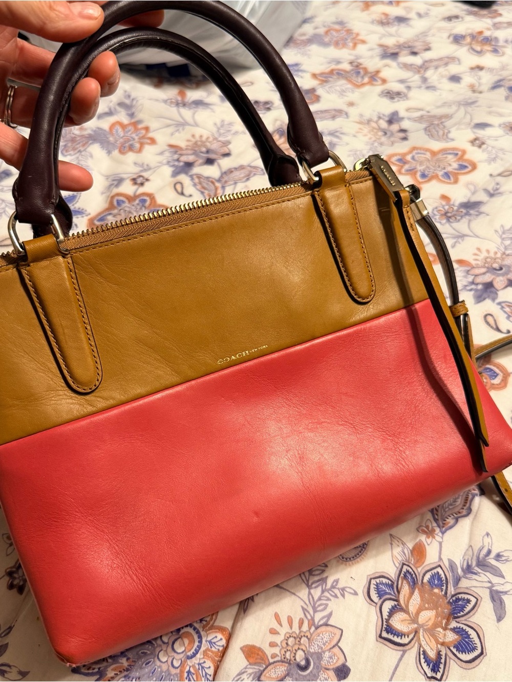 Coach Colorblock Leather Satchel – Coral, Tan & Dark Brown Handles - Picture 9 of 9
